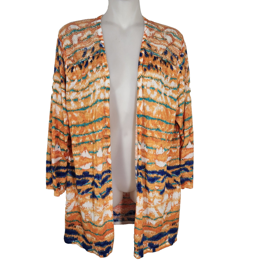 Chico’s Cardigan Womens Size 3 US XL Linen Blend Orange Multicolor Printed Open